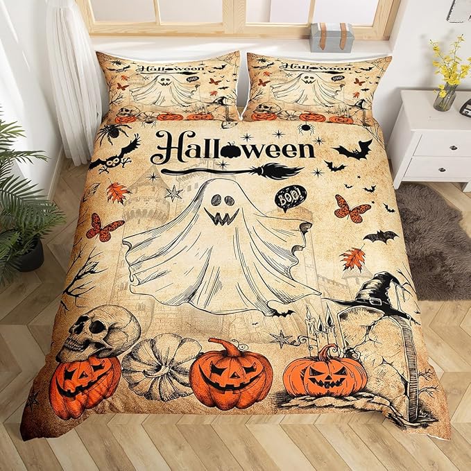 Cute Ghost Duvet Cover Set King Size for Kids Boys Girls,Pumpkin Lantern Sugar Skull Bedding Set,Halloween Bat Spider Web Comforter Cover Teens Vintage Brown Rustic Quilt Cover Bedroom Decor 3Pcs - sugar skull bedding set