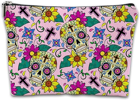 Makeup Bag Yellow Sugar Skulls Personalized Cosmetic Bags with Zipper Waterproof Cute Makeup Pouch,Women Gift Idea Cosmetic Pouch - sugar skull makeup kit