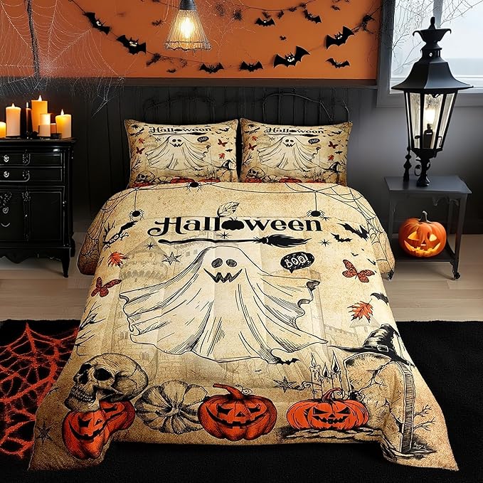 Cute Ghost Comforter Set Queen Size for Kids Boys Girls,Pumpkin Lantern Sugar Skull Bedding Set,Halloween Bat Spider Web Quilt Set Teens Vintage Brown Rustic Duvet Insert Bedroom Decor 3Pcs - sugar skull bedding set
