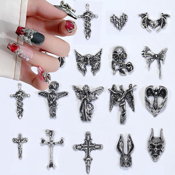 𝟯𝟬 𝗣𝗰𝘀 3D Nail Charms Halloween Skull Cross Wings Love Shape Silver Nails Charms Metal Vintage Nail Charm Nail Design Jewelry Decor Halloween Nail Glitters Charms for Nails Design DIY Decoration - sugar skull nail art