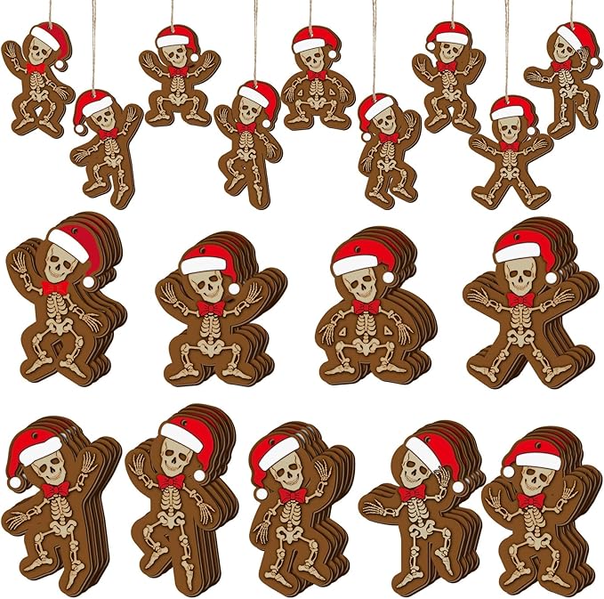 Huwena 36 Pcs Christmas Wood Ornaments Skeleton Gingerbread Man Ornaments Christmas Wooden Hanging Tree Decorations with Rope for Xmas Home Decorations - sugar skull christmas ornament
