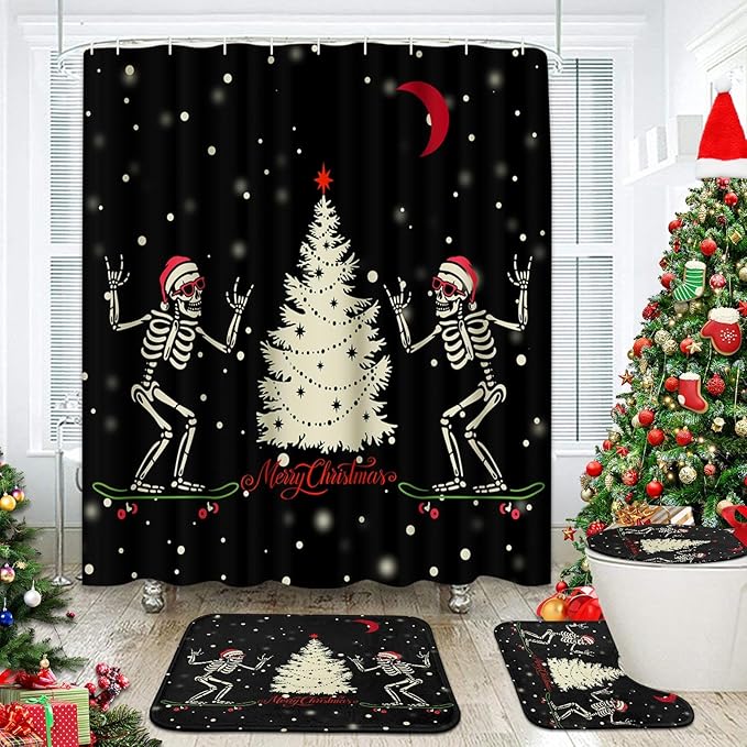 ArtSocket Christmas Bathroom Set with Shower Curtain and Rugs and Accessories, Cute Skull Skeleton Santa Black, Winter Shower Curtains for Bathroom Decor 4 Pcs - sugar skull shower curtain set