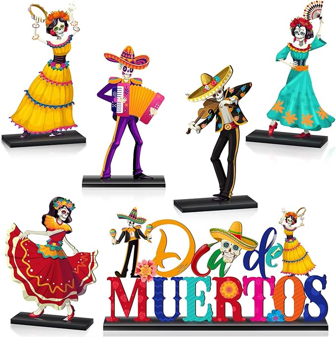 Barydat 6 Pieces Day of The Dead Table Decorations Dia De Los Muertos Decor Wooden Sugar Skull Couple Desk Centerpieces for Halloween Mexican Fiesta Carnival Party Decoration Supplies - sugar skull figurine collectible