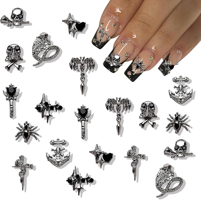 20pcs Alloy Skull Nail Charms Halloween Nail Charms for Acrylic Nails 3D Metallic Star Spider Nail Rhinestones with Gems Goth Dark Snake Cross Nail Jewelry for Women Girls Nail Supplies Decoration - sugar skull nail art
