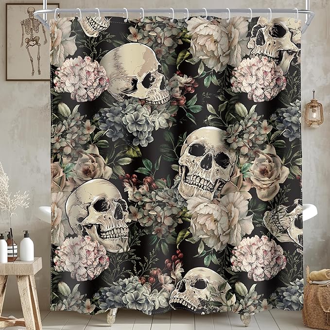 AMBZEK Sugar Skull Shower Curtain 60Wx72L Inch Retro Floral Leaves Gothic Halloween Spooky Skeleton Plant Goth Vintage Artwork Cloth Fabric Waterproof Polyester Bathroom Decor Set with 12 Pack Hooks - sugar skull shower curtain set