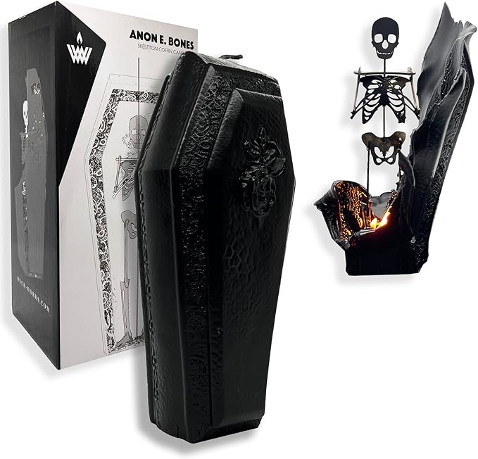 Coffin Crypt Candle | Unveils Stainless Steel Skeleton | 8.5” Height | Exceptional Burn Time | Gift Packaging | Spooky Decoration | Skull & Bones Goth Horror or Halloween (Unscented, Black) - sugar skull candle holder