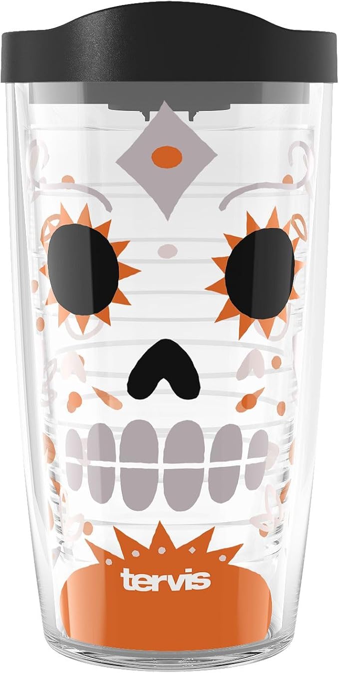 Tervis Super Sugar Skull Halloween Made in USA Double Walled Insulated Tumbler Travel Cup Keeps Drinks Cold & Hot, 16oz, Classic - sugar skull tumbler with straw
