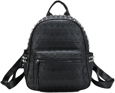 Women Punk Rivets Backpack Skull Printed Daypack Purse PU Leather Shoulder Bags Satchel Black - best sugar skull backpack