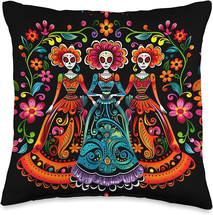 Day of the Dead Sugar Skull Three Women Mexican Festival Throw Pillow - sugar skull throw pillow