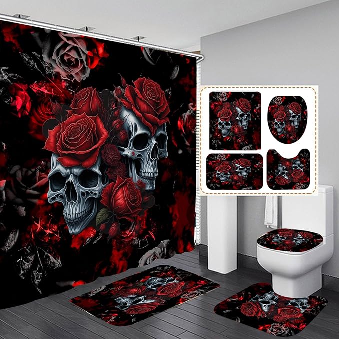 4Pcs Skull Shower Curtain Set, Helloween Red Rose Skull Shower Curtain Set Non-Slip Rug,Toilet Lid Cover,U Shape Mat,Waterproof Bathroom Decor Sets with 12 Hooks,Red Black - sugar skull shower curtain set