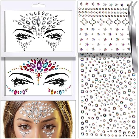 Teenitor Face Gems Festival Face Jewels Makeup Face Rhinestones, Hair Gems, Eye Gems, Body Gems, Stick On Gems for Face, Eye, Body, Hair - sugar skull makeup kit