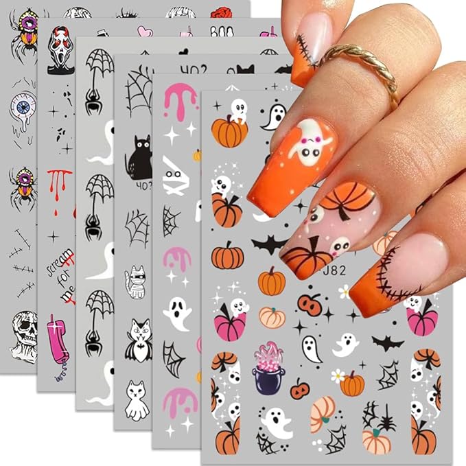 Halloween Nail Stickers, Halloween Nail Art Decals 3D Self-Adhesive Pink Ghost Skull Pumpkin Spider Web Nail Design DIY Holiday Decoration Women Kids for Party (6 Sheets) - sugar skull nail art
