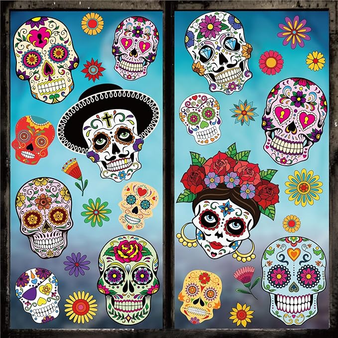 Whaline 9 Sheets Day of The Dead Window Clings Halloween Double-Sided Sugar Skull Design Window Stickers Colorful Flower Patterns Window Decals for Mexican Haunted House School Office - sugar skull vinyl sticker