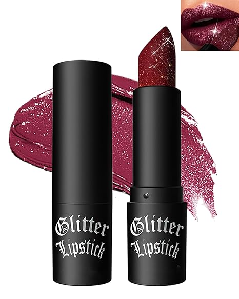 Diamond Glitter Matte Lipstick, Gothic Shiny Lip Gloss, Wine Red Sparkling High Pigment Longlasting Waterproof Smudgeproof Non-Stick Lipstick, Bold Shimmer Lip Blam for Women Lip Makeup-07 - sugar skull makeup kit