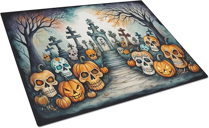 Caroline's Treasures DAC2234LCB Calaveras Sugar Skulls Spooky Halloween Glass Cutting Board Large Decorative Tempered Glass Kitchen Cutting and Serving Board Large Size Chopping Board - sugar skull wine glass