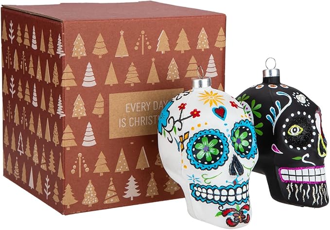 Every Day is Christmas Glass Blown Ornaments Cute Hand Made Figurines Tree Decoration, Dios De Los Muertos Set of 2 - sugar skull christmas ornament