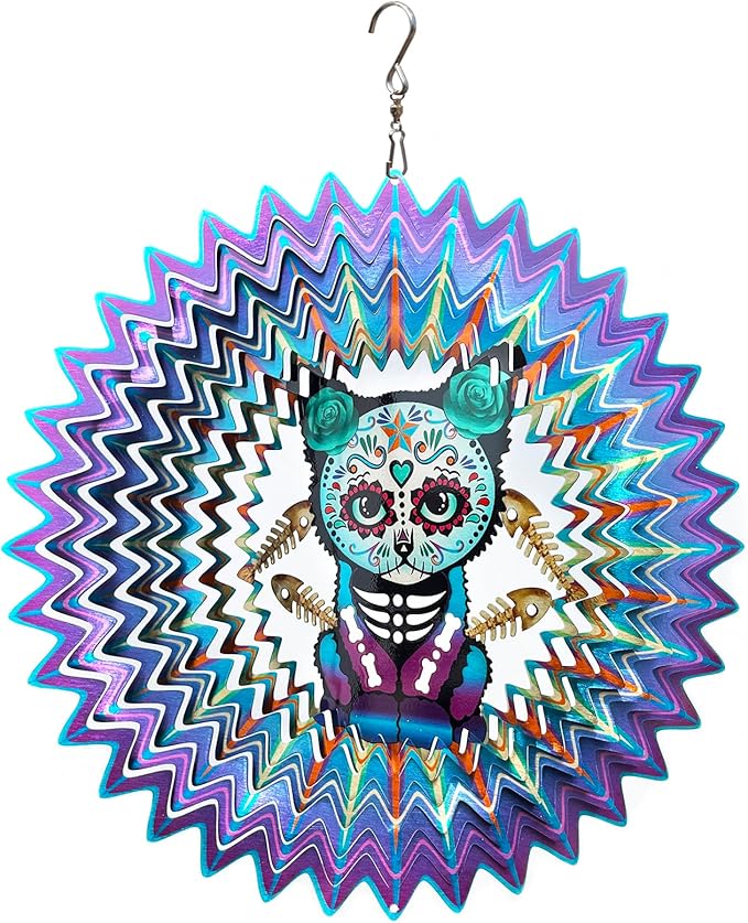 FONMY Sugar Skull Wind Spinner Cat 12inch 3D Stainless Steel Wind Sculpture Worth Gift Christmas Decor.Hanging Mandala Kitten Skull Wind Spinners Metal Yard Art Garden Decoration Indoor/Outdoor Décor - sugar skull christmas decorations