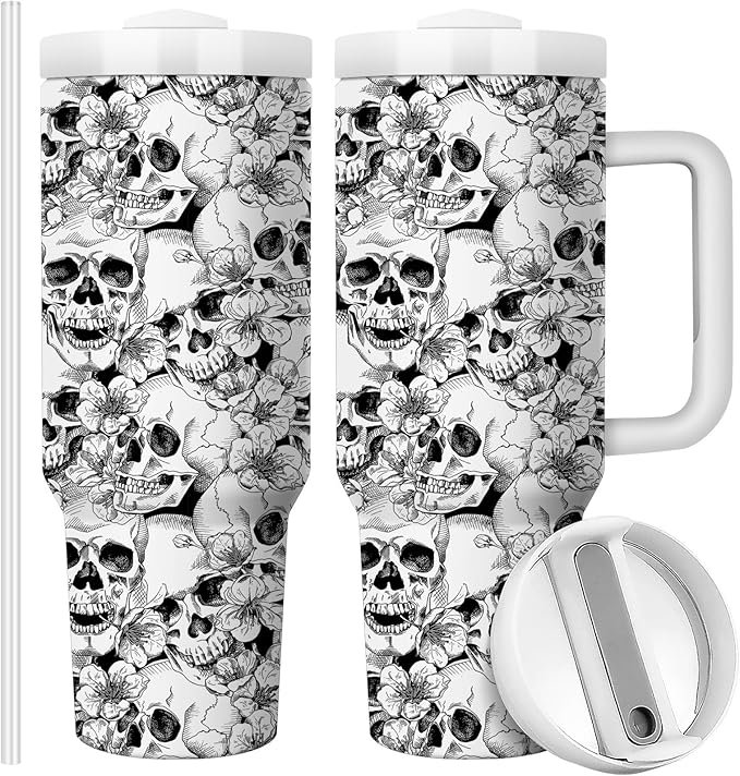 Skull Floral Tumbler 40oz with Lid & Straw – Gothic Horror Cup for Men Women, Halloween Christmas Gift, Funny Creepy Travel Coffee Mug, Double Wall Vacuum Insulated Stainless Steel(Pack of 1) - sugar skull tumbler with straw