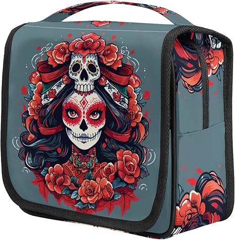 Floral Sugar Skull Travel Toiletry Bag with Hanging Hook, Waterproof Toiletries Bag for Women, Portable Makeup Organizer for Makeup Brushes Digital Accessories, Hanging Cosmetics Bag for Bathroom - sugar skull handbags for sale