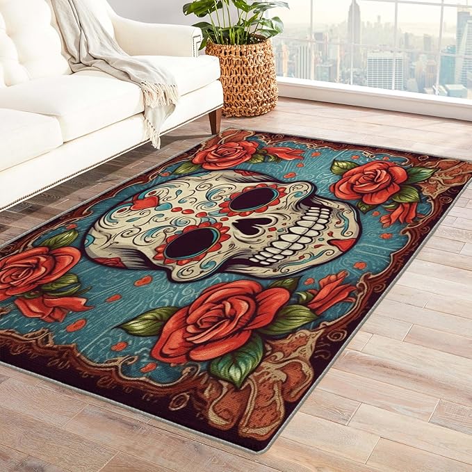 Sugar Skull Rug & Home Decor - 2x3 Rug, Mexican Day of The Dead Rugs for Entryway Living Room Bedroom, Día De Los Muertos Carpet, Washable Non Slip Soft Low Pile Indoor Door Mat & Room Decor - sugar skull area rug