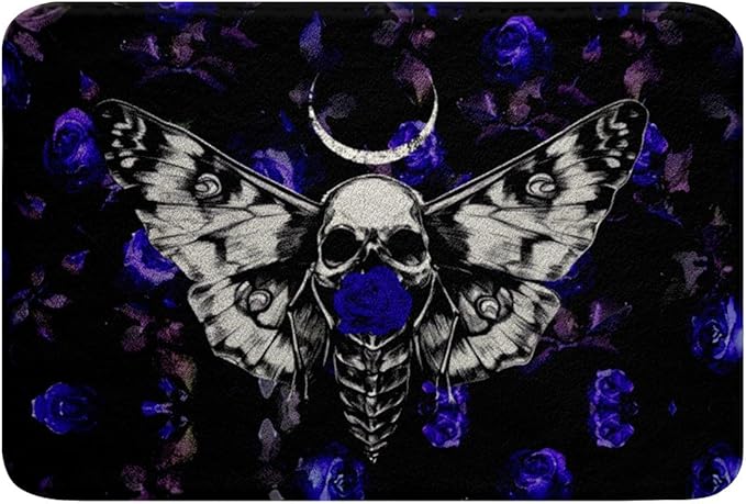 Erosebridal Gothic Bathroom Rugs Sugar Skull Moth Outdoor Doormats Exotic Navy Blue Rose Area Rug 20"x32",Rustic Animal Flowers Kitchen Mat Halloween Skeleton Bathroom Accessories Aesthetic - sugar skull toilet mat set