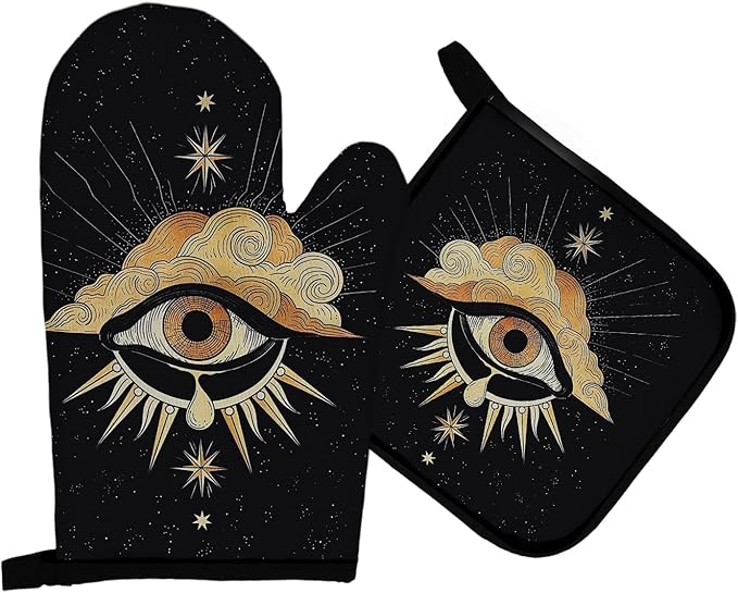 Mingnei Tarot Evil Eye Halloween Oven Mitts and Pot Holders Set, Heat Resistant Potholder Kitchen Decor for Cooking Baking BBQ Grilling, Goth Tarot Oven Glove Set, Gothic Witchy Gifts - sugar skull oven mitts