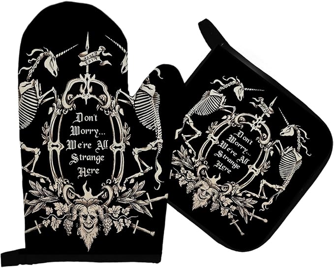Mingnei Gothic Skull Halloween Oven Mitts and Pot Holders Sets, Goth Witchy Heat Resistant Potholder Kitchen Decor for Cooking Baking BBQ Grilling, Goth Mystic Skeleton Oven Glove Set, Gothic Gifts - sugar skull oven mitts