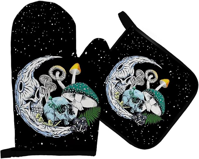 Mingnei Goth Skull Mushroom Oven Mitts and Pot Holders Set, Skeleton Moon Heat Resistant Potholder Kitchen Decor for Cooking Baking BBQ Grilling, Goth Mystic Oven Glove Set Gifts - sugar skull oven mitts