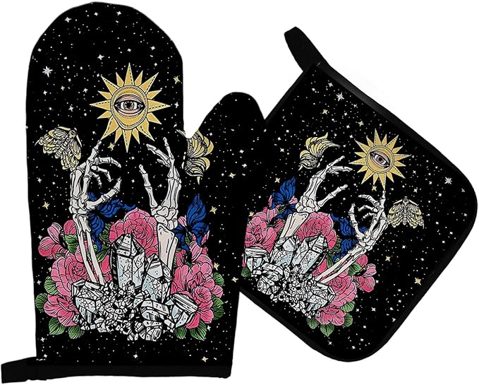 Mingnei Goth Skull Sun Oven Mitts and Pot Holders Sets, Black Skeleton Heat Resistant Potholder Kitchen Decor for Cooking Baking BBQ Grilling, Gothic Skull Floral Oven Glove Set Gifts - sugar skull oven mitts