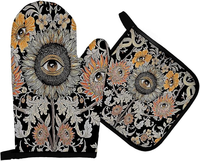 Mingnei Evil Eye Trippy Floral Oven Mitts and Pot Holders Sets, Evil Eyes Sunflower Heat Resistant Potholder Kitchen Decor for Cooking Baking BBQ Grilling, Goth Evil Eye Oven Glove Set, Witchy Gifts - sugar skull oven mitts