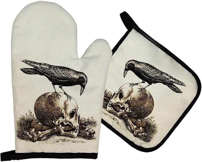 Mingnei Raven Skull Halloween Oven Mitts and Pot Holders Sets, Goth Raven Heat Resistant Potholder Kitchen Decor for Cooking Baking BBQ Grilling, Gothic Oven Glove Set, Gothic Gifts - sugar skull oven mitts