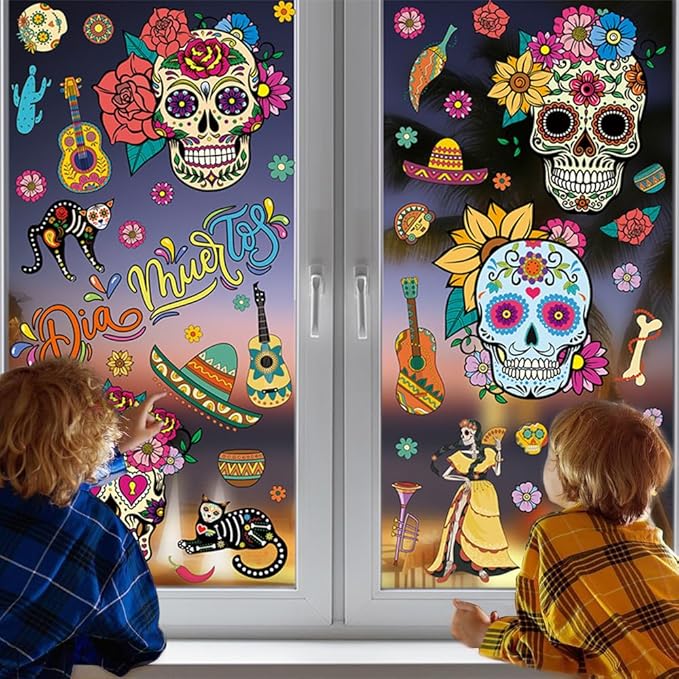 81Pcs Day of The Dead Window Clings - Dia De Los Muertos Stickers for Mexican Halloween Decor - Sugar Skull, Guitar, Ghost Bride and Groom, Flower Design - Mexican Art Decorations - sugar skull vinyl sticker