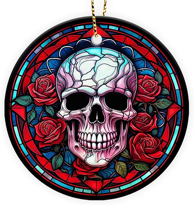 2 Side Printed Ceramic Skull and Roses Christmas Ornaments 2025, Floral Skull Christmas Tree Ornaments, Gothic Keepsake Ornament, Christmas Tree Decorations, Goth Gifts for Women - sugar skull christmas ornament
