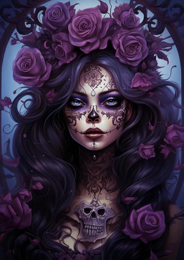 DIY Diamond Art Painting Kits for Adults Black and Purple Sugar Skull Girl Round Full Drill Canvas Gems Cross Stitch Art Kit 5D Painting by Diamond Mosaic Craft for Halloween 30x40cm(8) - sugar skull canvas wall art