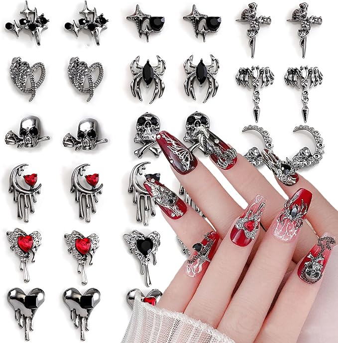 30Pcs Halloween Nail Charms 3D Silver Alloy Nail Rhinestone Dark Metal Crystal Jewels for Halloween Nails Designs Skull Snake Spider Star Heart Cross Nail Art Charm for Acrylic Nails Supplies - sugar skull nail art