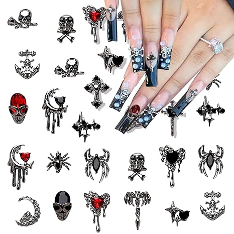 Halloween Nail Charms 22PCS 3D Alloy Spider Skull Halloween Nail Art Charms Vintage Gothic Retro Nail Art Supplies Dark Black Cross Moon Heart Nail Gems and Rhinestones Nail Accessories for Women - sugar skull nail art