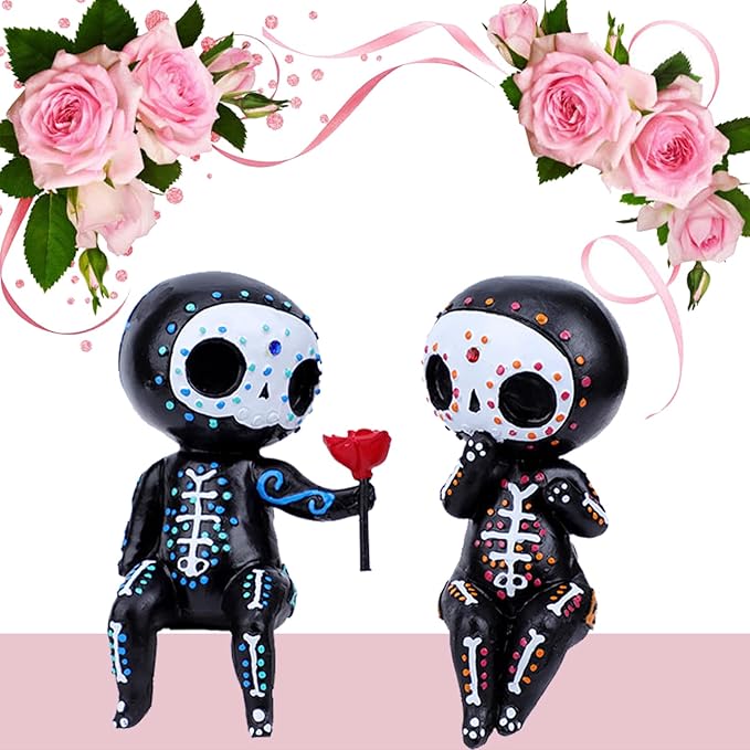 Sugar Skull Decor - Sugar Skull Couple Statue for Halloween Home Decor - Day of The Dead Decor for Home - Resin Crafts Skeleton Memorial Sculpture - Dia De Los Muertos Decorations (A) - sugar skull figurine collectible