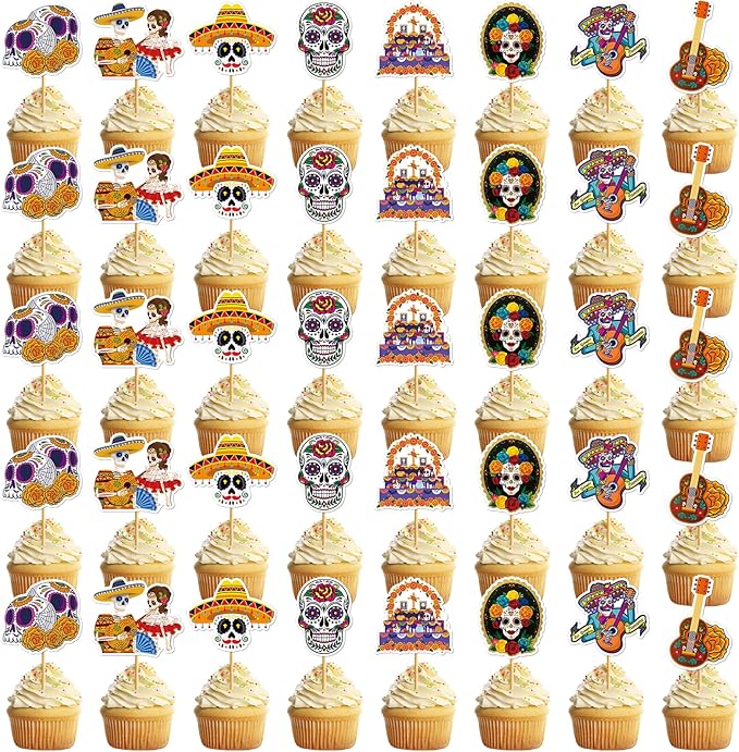 40Pcs Dia de Los Muertos Cake decoration Halloween Day of the Dead Cupcake Topper Pick Sugar Skull cake Topper for Day of the Dead Halloween Party Supplies - sugar skull coffee cup