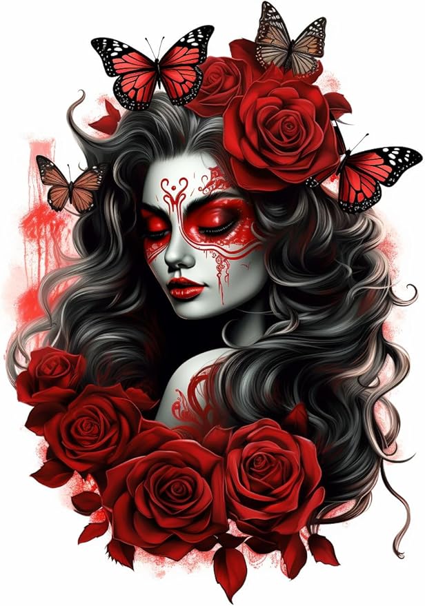 DIY 5D Diamond Art Painting Kits for Adults Round Black and Red Sugar Skull Girl Red Rose Butterfly Full Drill Canvas Gems Cross Stitch Art Kit Painting by Diamond Mosaic Craft 30x40cm(2) - sugar skull canvas wall art