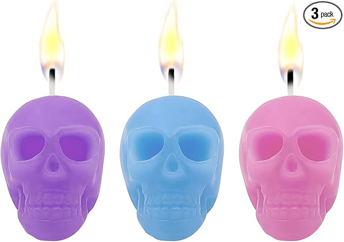 itechpanda 3 PCS Skull Candles Horror and Novelty Decor, Home Decorative Themed Candles for Halloween, Birthday Candle Gifts, Scary Christmas Party Accessories (Blue + Purple + Pink) - sugar skull candle holder