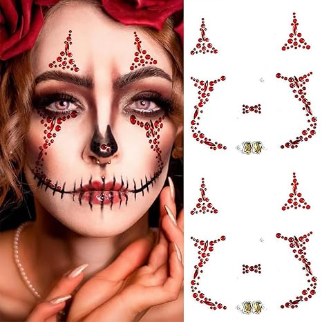 2 Pieces Halloween Face Gems Jewels Tattoos, Day of the Dead Face Temporary Skull Tattoos Rhinestone Crystal Stones Body Gems Makeup Stickers for Halloween Festival Rave Party - sugar skull temporary tattoo