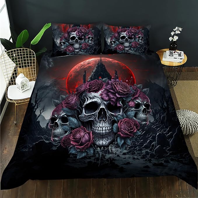 AILONEN Sugar Skull Bedding Sets for Teen Boys, Romantic Red Rose Skull Printed Duvet Cover Set,Skeleton Theme Bedding Set,Comforter Cover Queen Size,1 Quilt Cover 2 Pillowcases 3 Piece - sugar skull bedding set