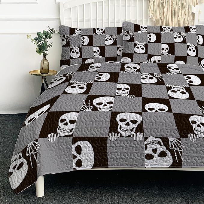 BlessLiving Vintage Goth Skulls Grid Quilt Set Black Gray Skull Design All Season, Lightweight, Coverlet Bedspread Bedding, 2 Matching Shams, Halloween Skeleton Printed, Queen(90"x90"), 3 Piece - sugar skull bedding set