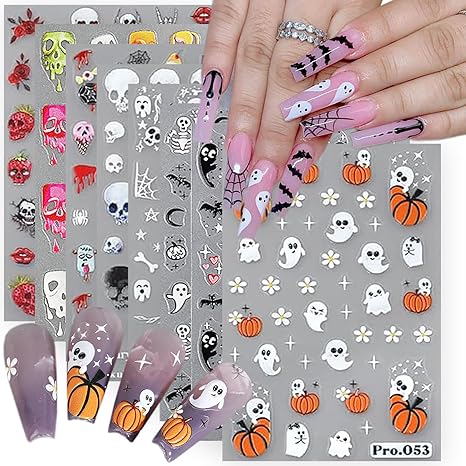 Halloween 3D Self-Adhesive Nail Art Stickers - Gothic Spooky Ghost, Skull, Pumpkin, Skeleton, Spider Web Designs - Black White Acrylic Nail Decals for Women - 8 Sheets - sugar skull nail art