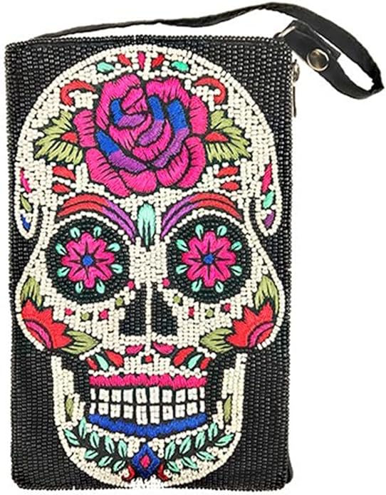 Sugar Skull Club Beaded Phone Crossbody Bag, Black Multi Convertible Handbag with Unique Embellishments for Women - sugar skull handbags for sale