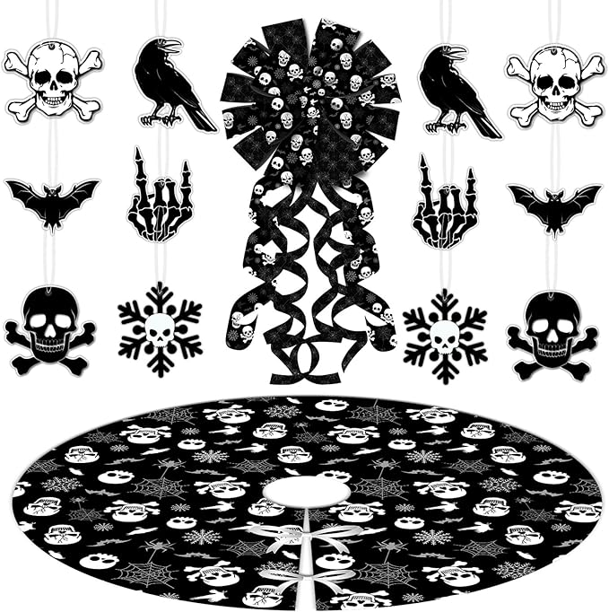 Black Gothic Christmas Decorations - Scary Skull Tree Skirt, Large Tree Topper Bow, 12pcs Hanging Ornaments for Winter, Halloween, Xmas - sugar skull christmas decorations