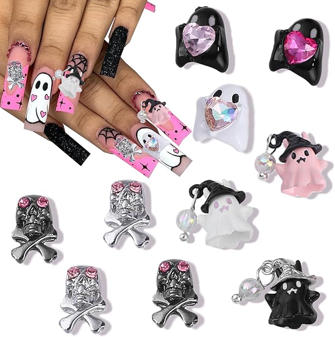 10Pcs Halloween Nail Charms Metal Skull Ghost with Heart Nail Gems Design Funny Halloween Nail Rhinestones for Acrylic Nails Cute Ghost Nail Jewelry for Women Girls DIY Halloween Nail Accessories - sugar skull nail art