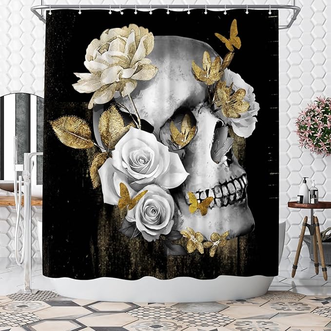 WELMECO Black and Gold Shower Curtain Skull Skeleton Shower Curtain Gothic Bathroom Decor Polyester Fabric, 72x72inch - sugar skull shower curtain set