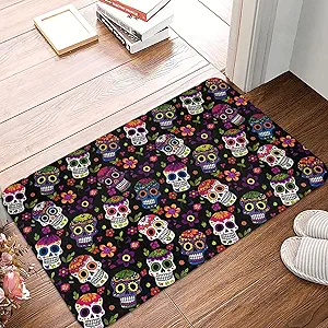 Sugar Skulls Flowers Entrance Welcome Door Mat, Soft Kitchen Rugs Outdoor Floor Doormat Halloween Hippie Washable Home Carpet Decor 23.6x15.7 in - sugar skull floor mat