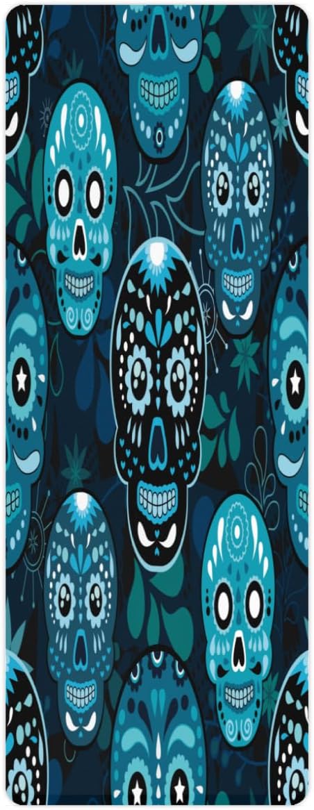 Blue Sugar Skull Yoga Mat Folding Travel Fitness & Exercise Mat with Carrying Bag Non-Slip Lightweight Travel Yoga Mat for Women Pilates 72"L × 26.8” W × 2 Mm Thick - sugar skull yoga mat